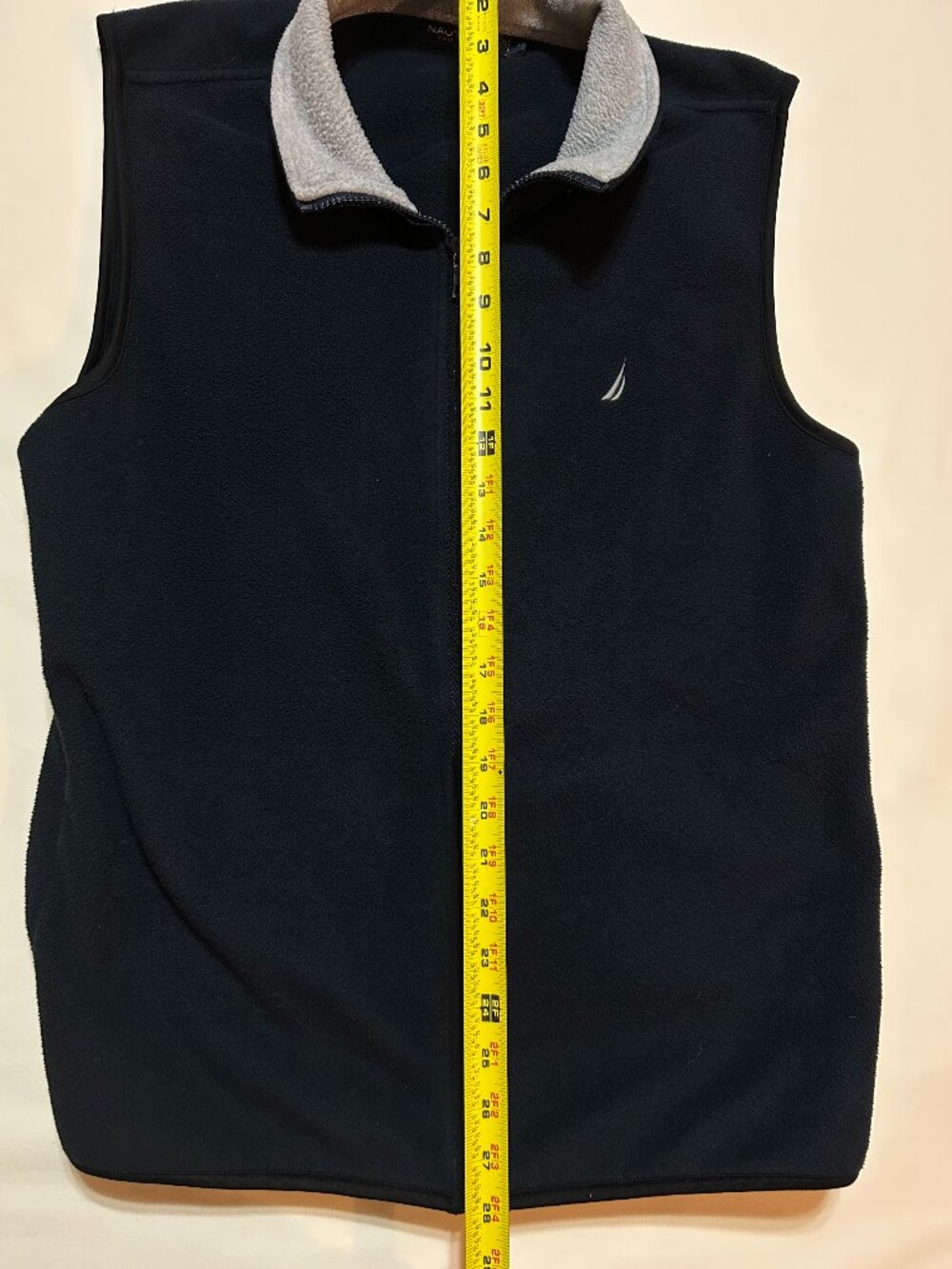 Nautica Fleece Vest; Navy with Gray Collar; Embroidered Logo; Size L;